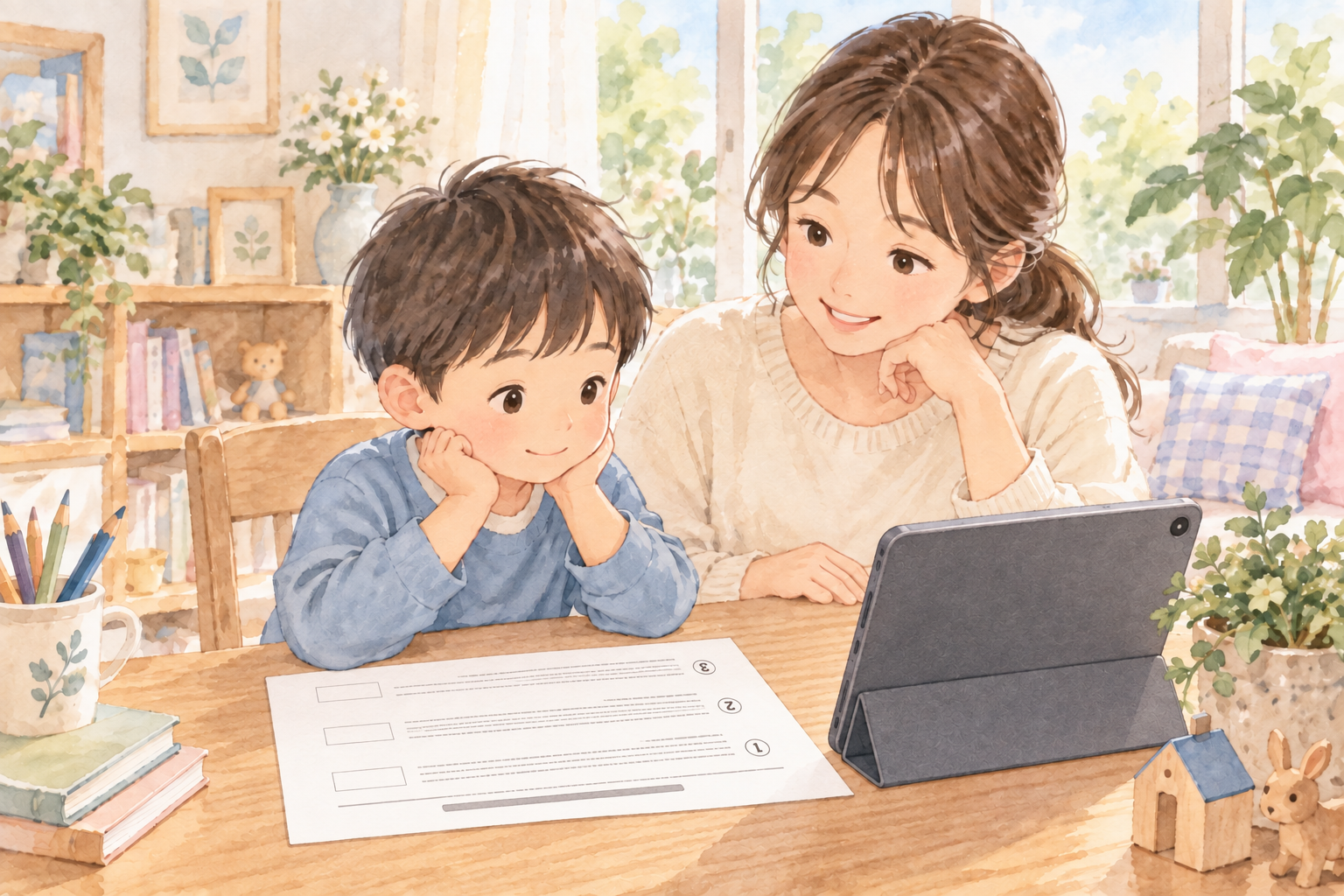 受験練習用のプリントを広げて親子で聞き取り練習をするイラスト