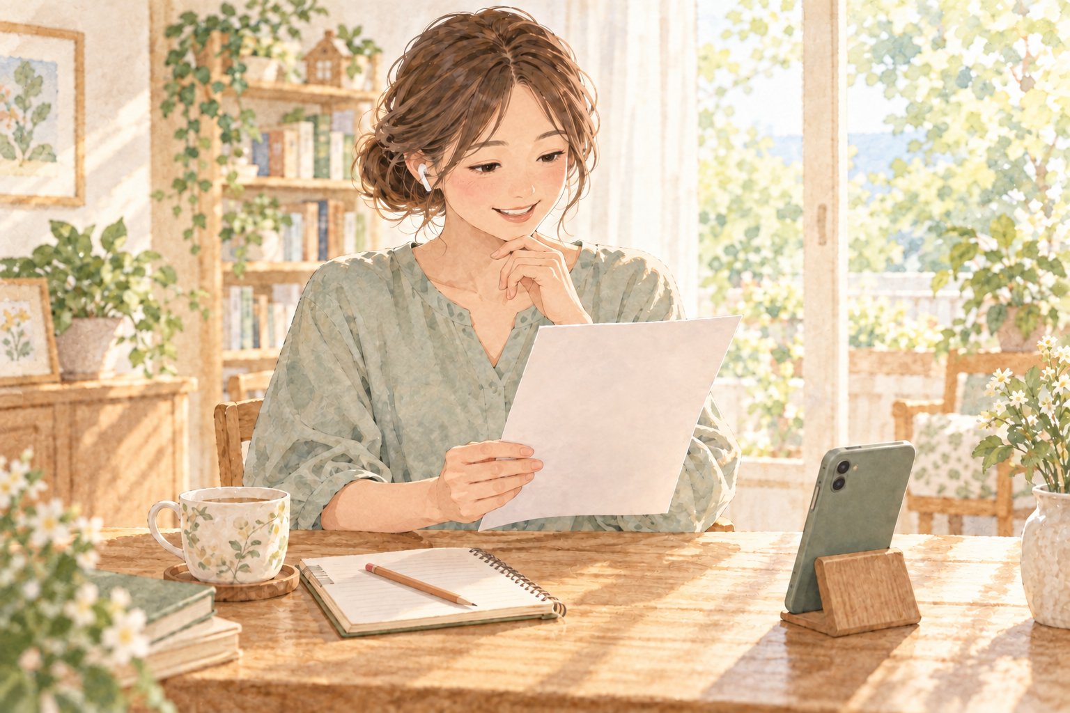 保護者が原稿を手に、音声を聞きながらスピーチの準備をするイラスト
