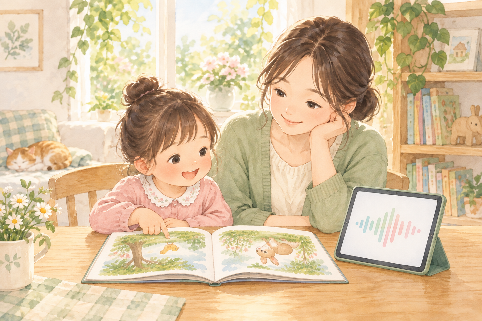 絵本を眺めながら、親子でお話を聞く様子のイラスト